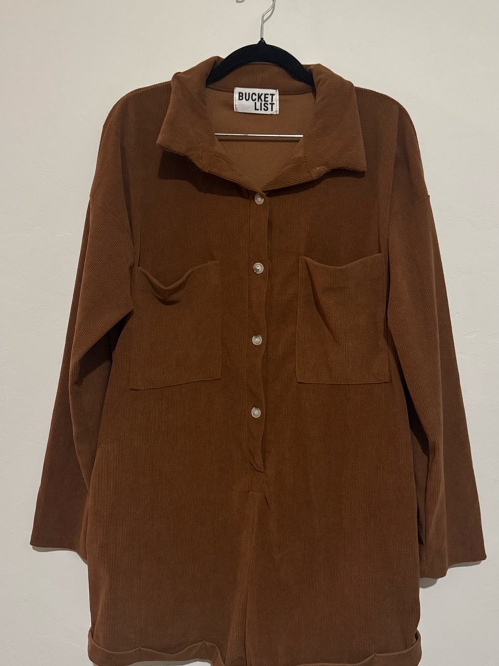 Bucket List Brown Corduroy Button-Up Romper Pockets Size Medium
